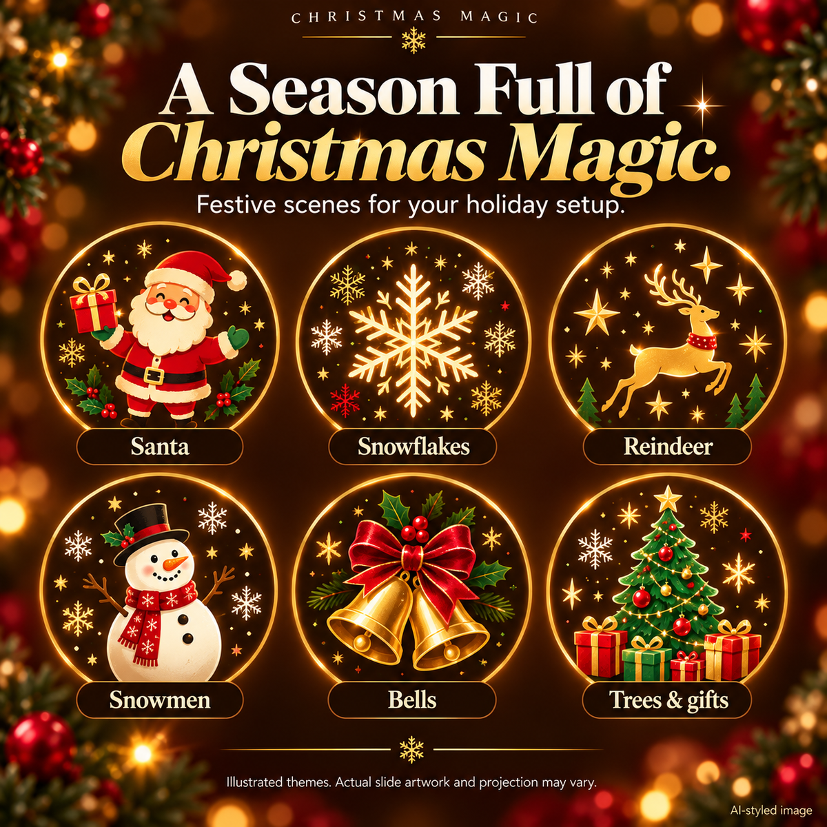 Christmas Magic festive themes: Santa, snowflakes, reindeer, snowmen, bells, trees and gifts. Illustrated artwork; actual slides and projection may vary.