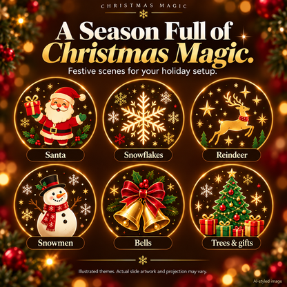 Christmas Magic festive themes: Santa, snowflakes, reindeer, snowmen, bells, trees and gifts. Illustrated artwork; actual slides and projection may vary.