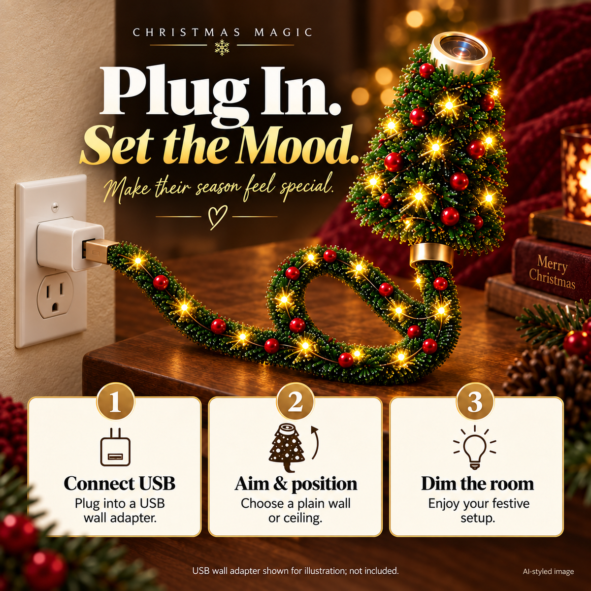 Christmas Magic USB projector connected through a USB wall adapter to a wall outlet. Three setup steps. Adapter not included. AI-styled illustration.