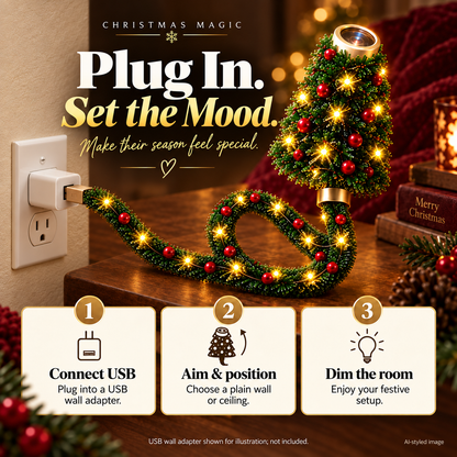Christmas Magic USB projector connected through a USB wall adapter to a wall outlet. Three setup steps. Adapter not included. AI-styled illustration.